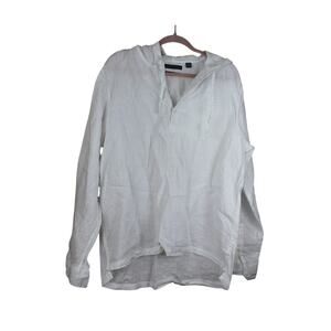 Saks Fifth Avenue White 100% Linen Long Sleeve V-neck Hooded Cover Up Top Size L